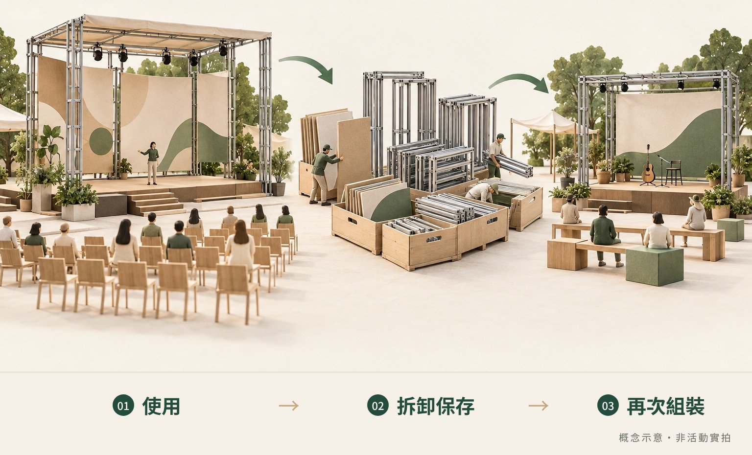 活動展示結構從使用、拆卸保存到再次組裝的概念示意,非活動實拍。
